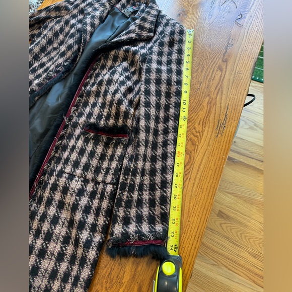 Vintage DS Essentials Faux Fur Trim Houndstooth Long Jacket Coat pink black - Picture 5 of 8